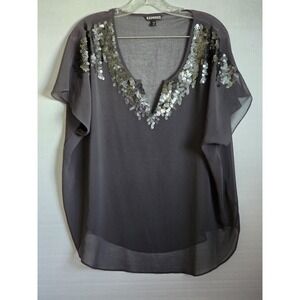 Express Womens Sequin V-Neck Chiffon Blouse Gray Damask Back Relaxed Fit Large
